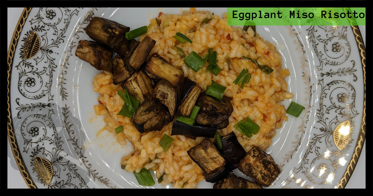 Top view of risotto and eggplant.