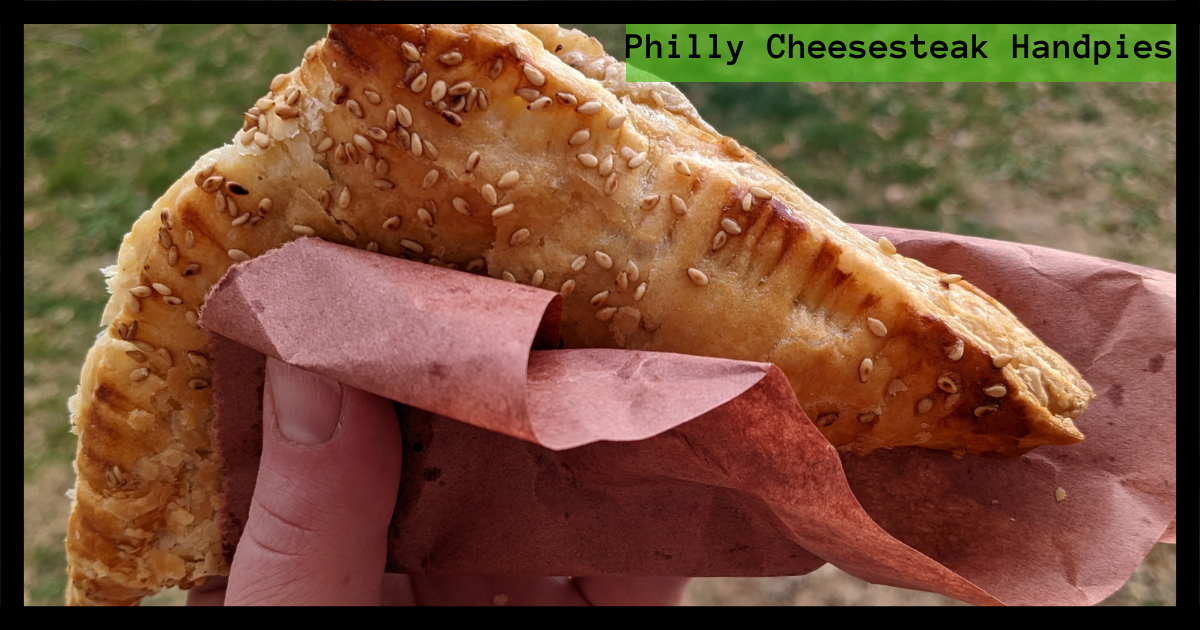 Detail of the vegetarian philly cheesesteak hand pies