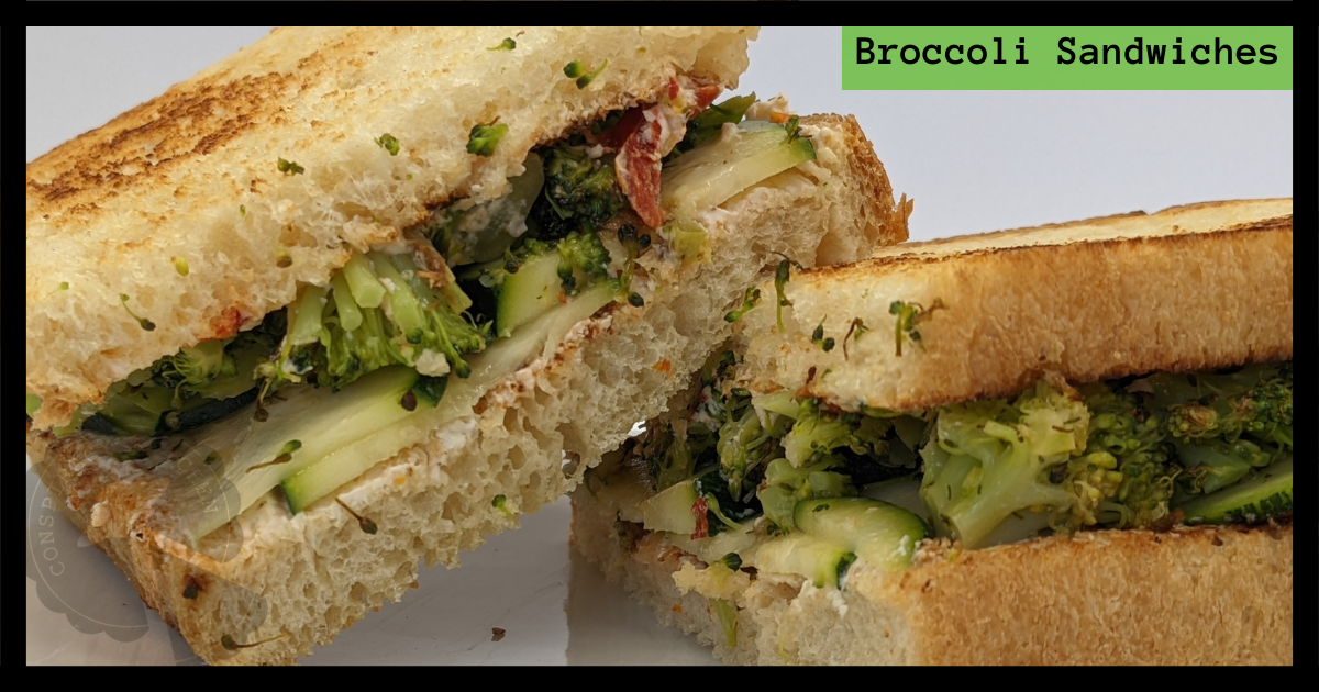 Detail of roasted broccoli sandwiches.