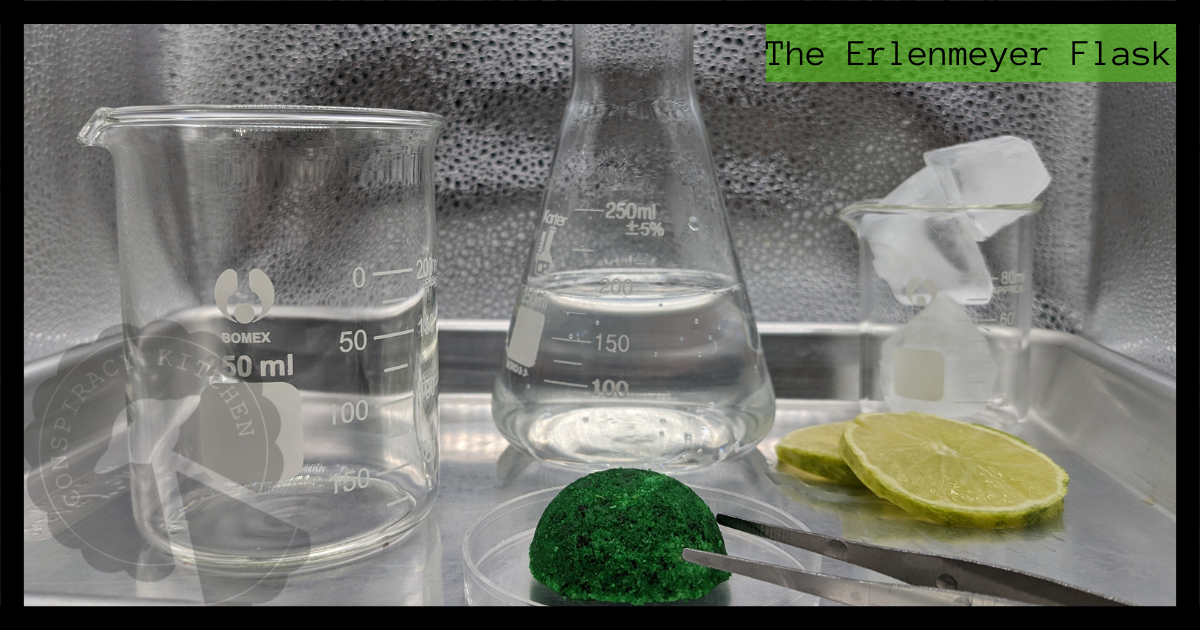 Shows the necessary ingredients for the Erlenmeyer Flask Cocktail