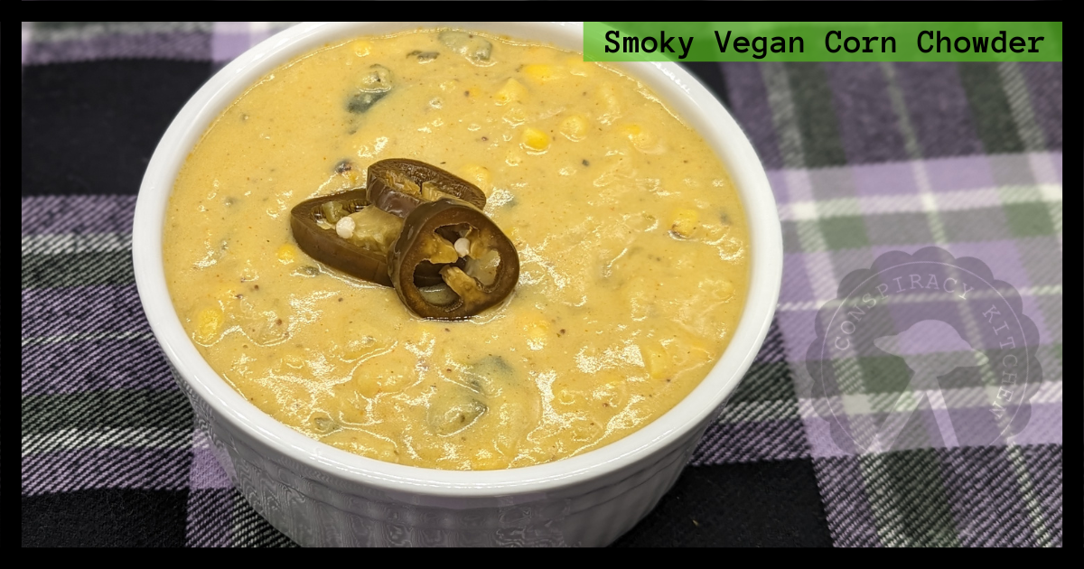 Detail of the finished smoky vegan corn chowder